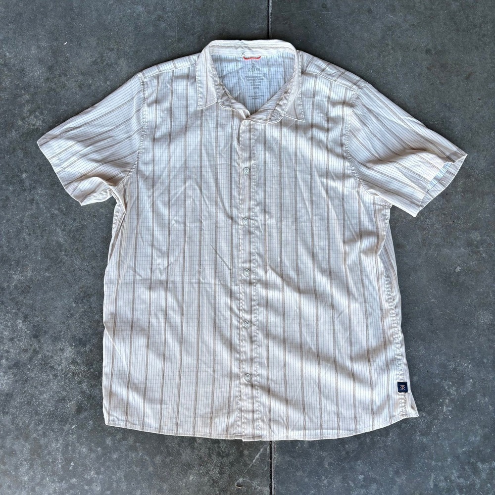 Roark Bless Up Shirt Mens XL White Tan Striped Nylon Stretch RW534